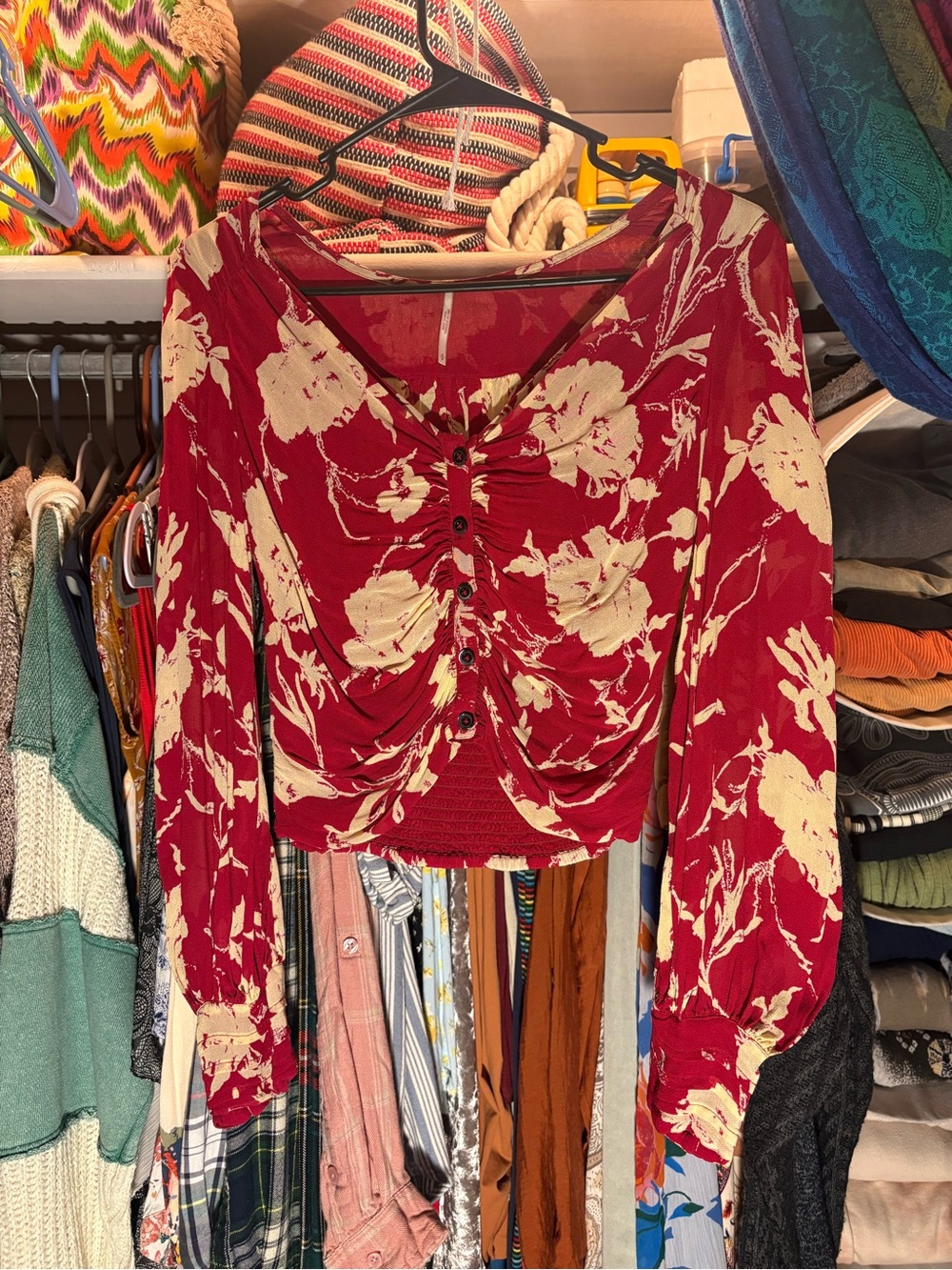 Free People 100% Rayon Red Floral Ruched Button-Front Crop Top